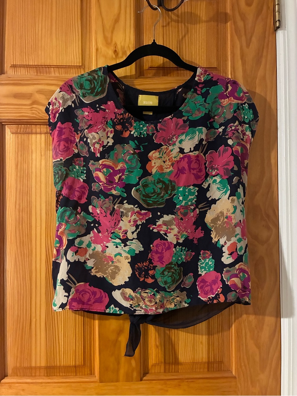 Maeve Silk Navy Floral Tie-Front Blouse with Pink & Green Accents